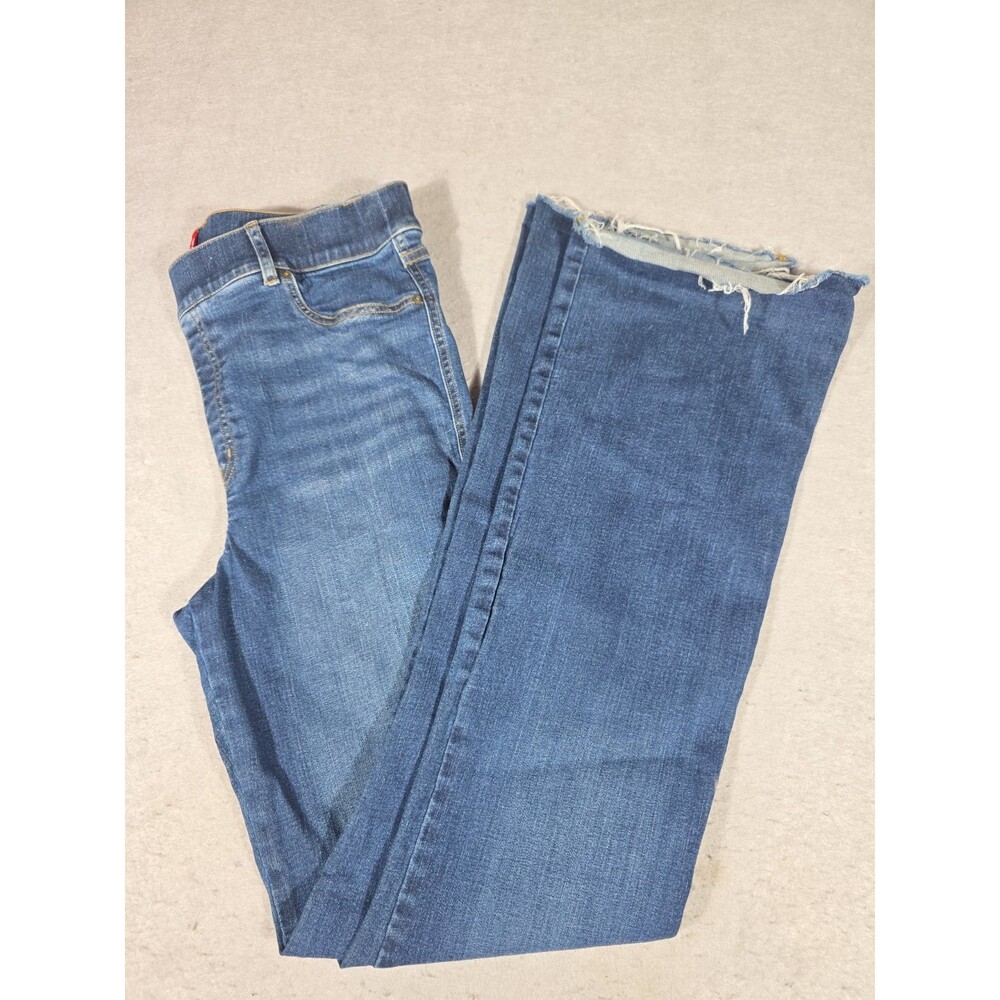 Spanx Jeans Womens XL Tall Blue Dark Wash Flare Shaping Stretch Denim Raw Hem